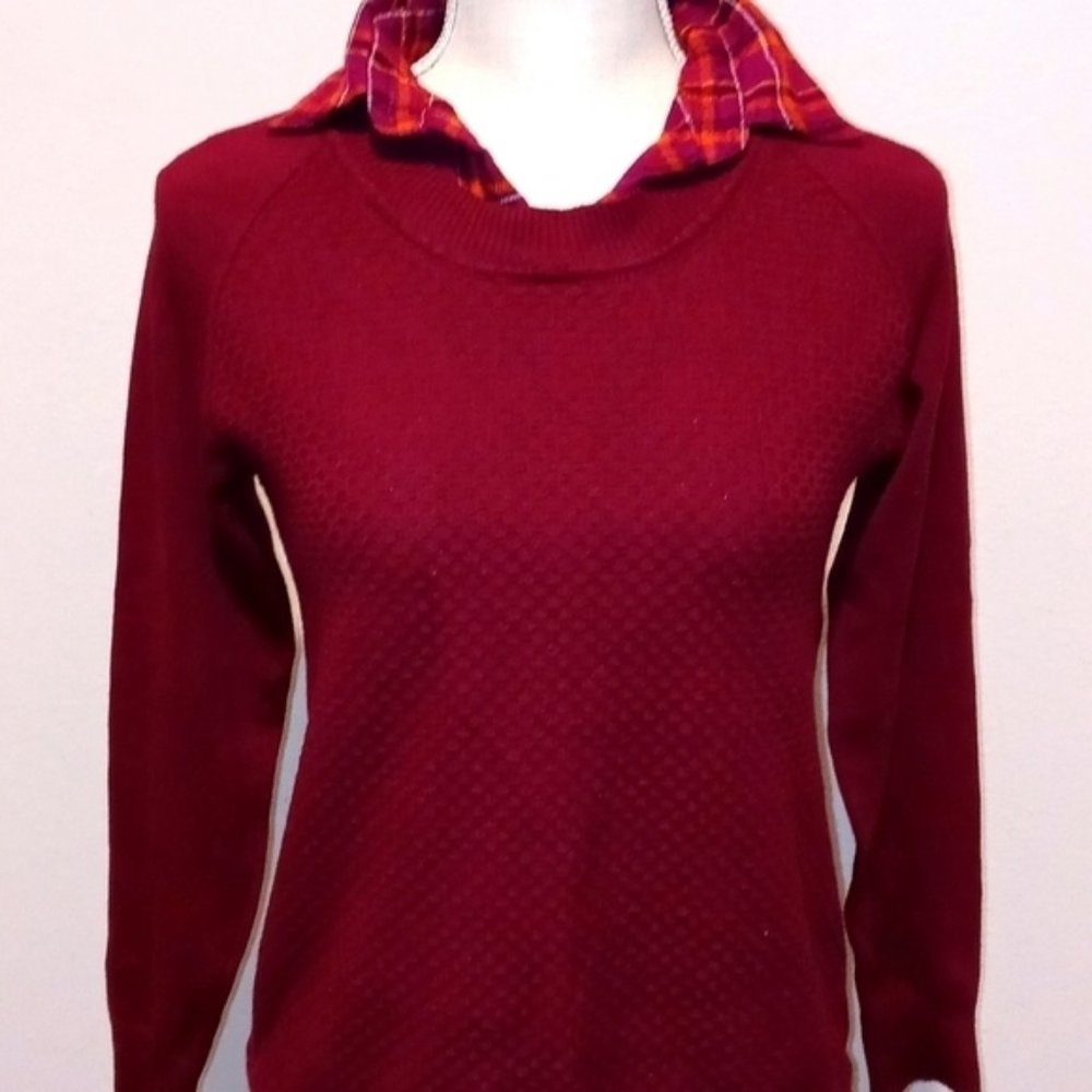 Kim Rogers Burgundy Sweater w/Plaid Collar